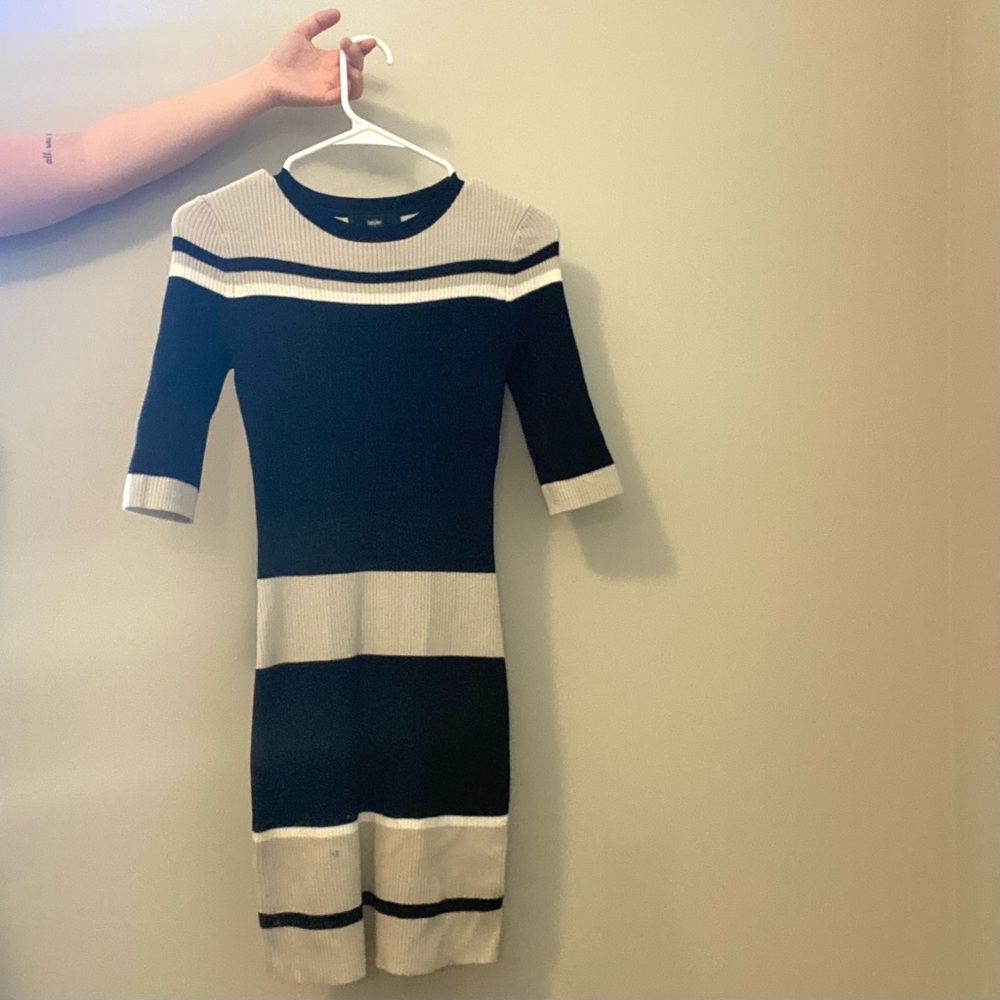 MOSSIMO TARGET XS Black Striped Knit Long Sleeve Work Midi Dress